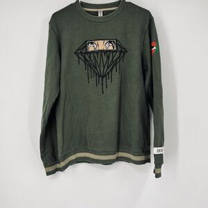 Fifth Loop Mens M Crew Neck Olive Green Sweater Graphic Embroidery Rhinestone